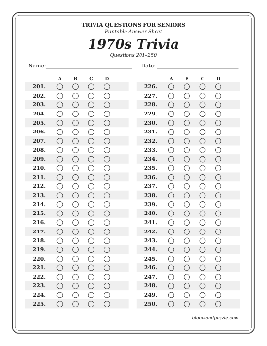Actual printable answer sheet for 1970s trivia